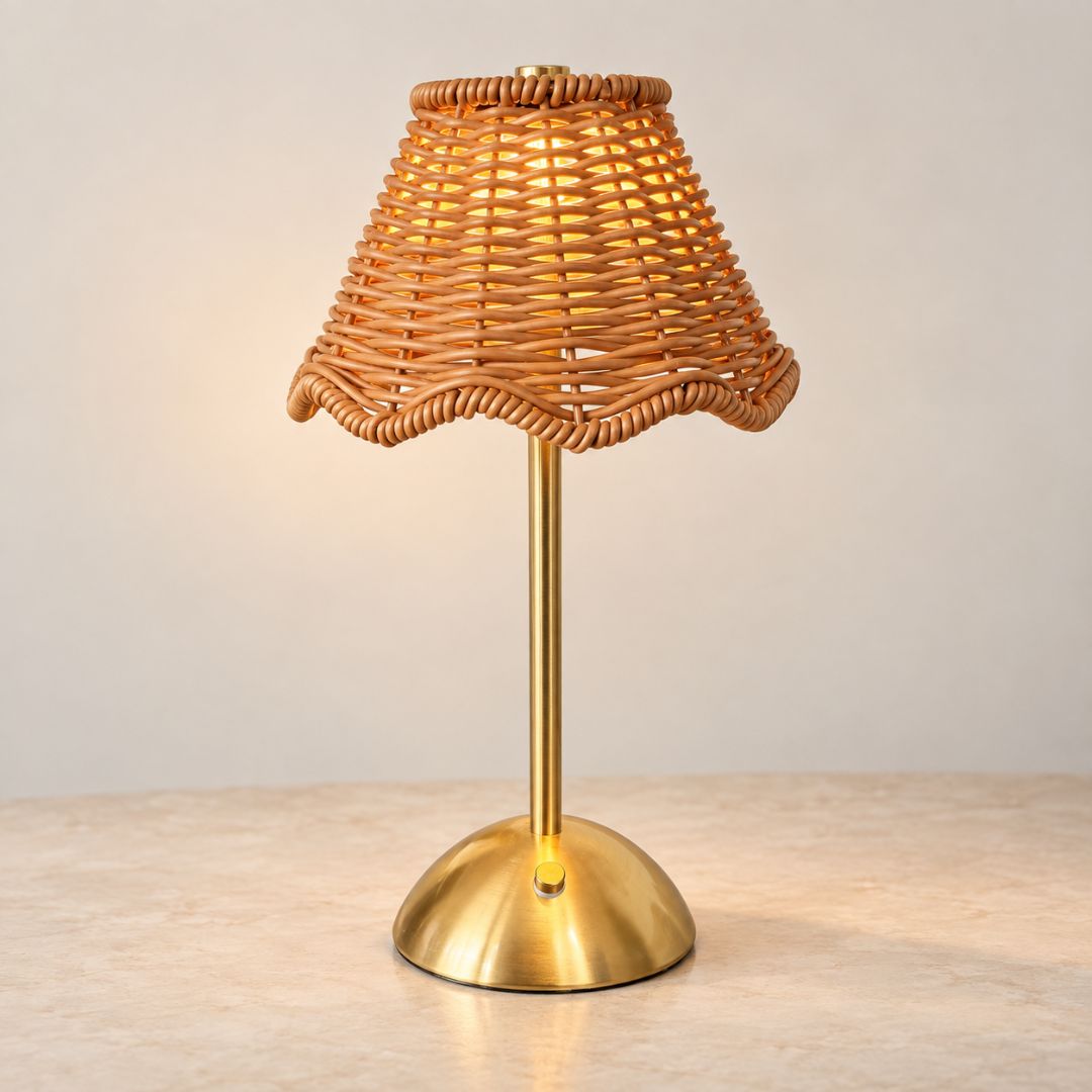 Lámpara de Mesa Inalámbrica Tipo Ratán – Dorada