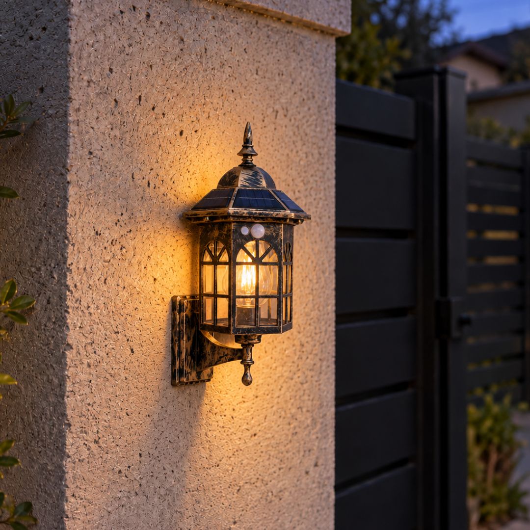 Aplique Solar Tipo Farol con Sensor – Bronce Envejecido / IP65