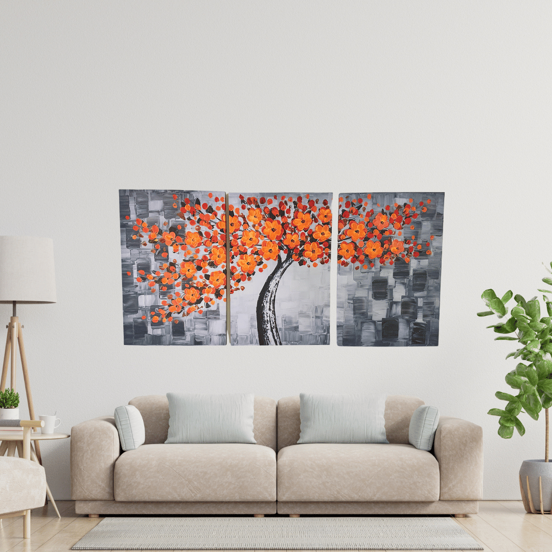 Set de 3 Cuadros Moderno Abstracto Flores Naranjas - 77 x 51 x 2,5 cm - Decoración - Disponible en Dreamy Home!