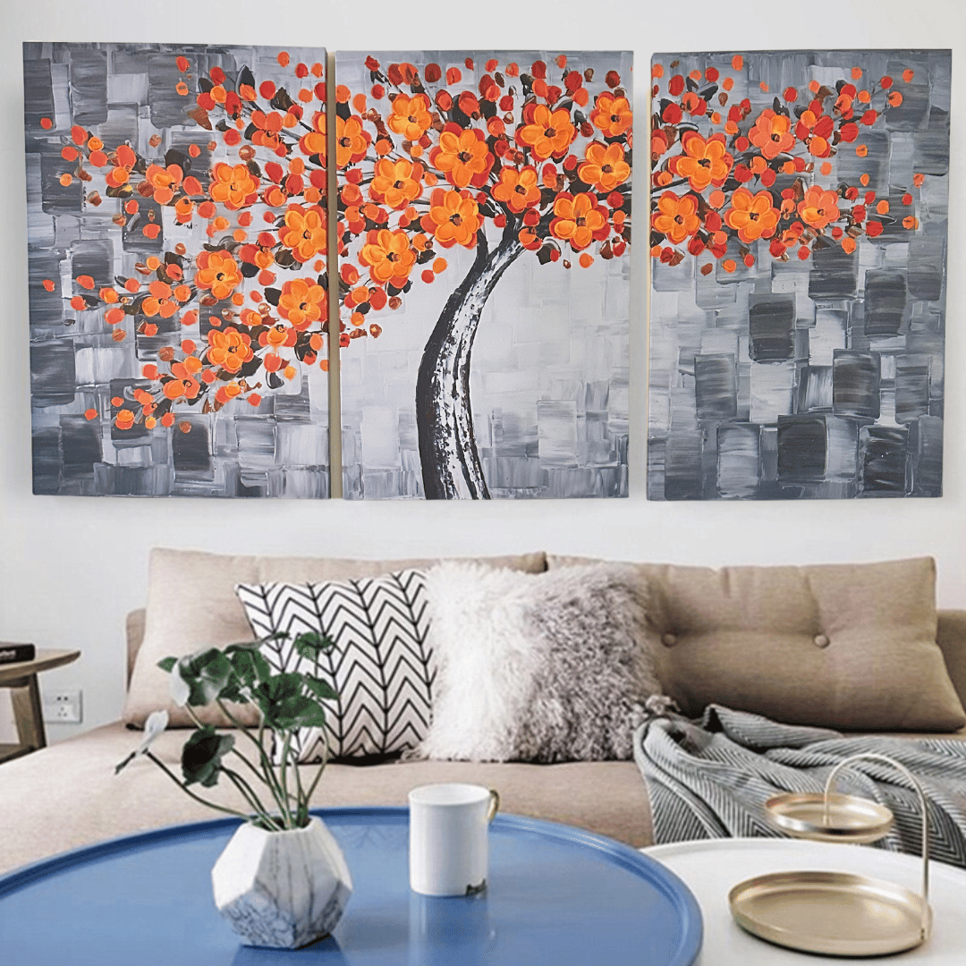 Set de 3 Cuadros Moderno Abstracto Flores Naranjas - 77 x 51 x 2,5 cm - Decoración - Disponible en Dreamy Home!