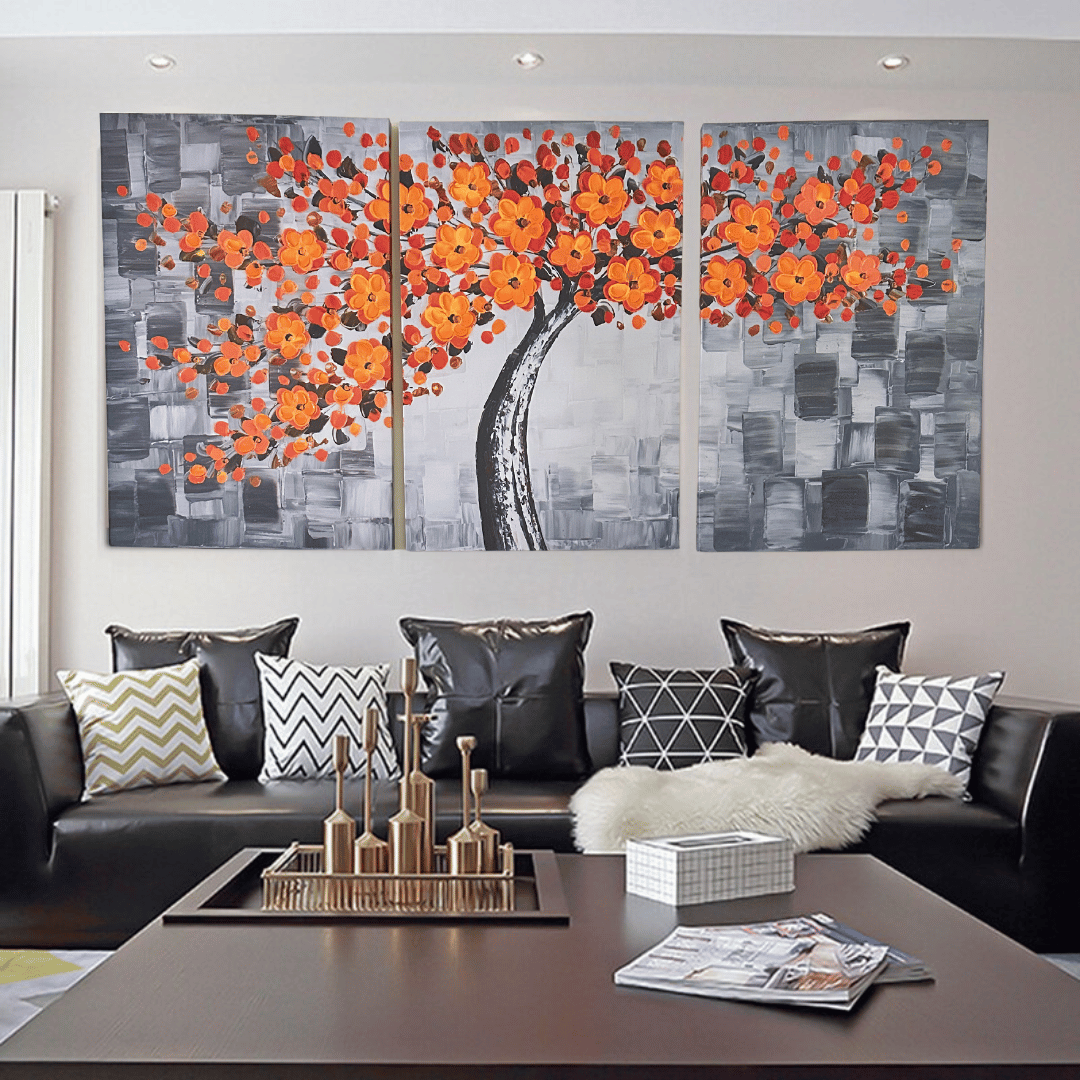 Set de 3 Cuadros Moderno Abstracto Flores Naranjas - 77 x 51 x 2,5 cm - Decoración - Disponible en Dreamy Home!