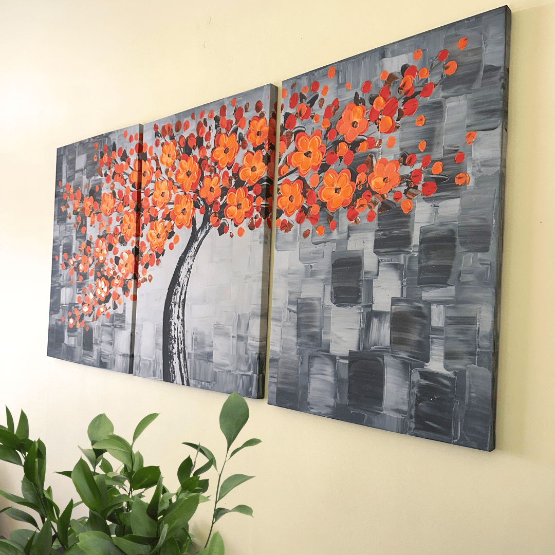 Set de 3 Cuadros Moderno Abstracto Flores Naranjas - 77 x 51 x 2,5 cm - Decoración - Disponible en Dreamy Home!