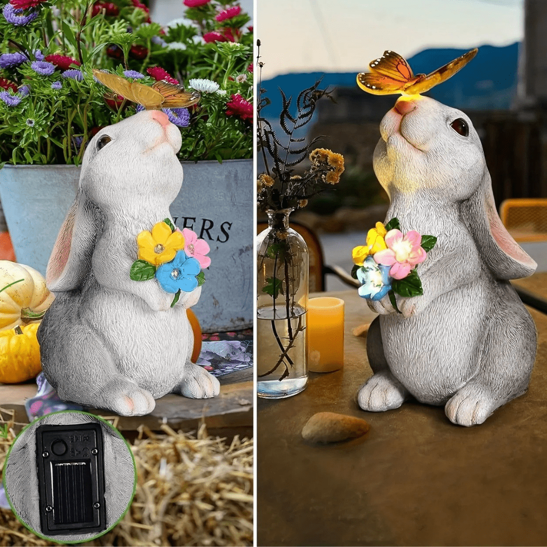 Estatua de Conejo con Ramo Solar - Resina / Luz Cálida / IP65 - Disponible en Dreamy Home!