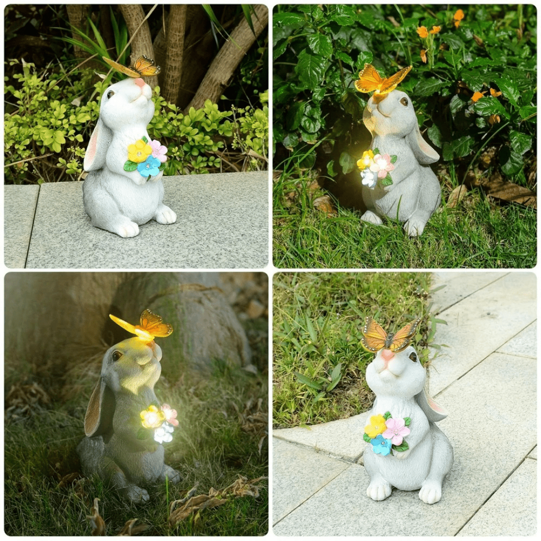 Estatua de Conejo con Ramo Solar - Resina / Luz Cálida / IP65 - Disponible en Dreamy Home!