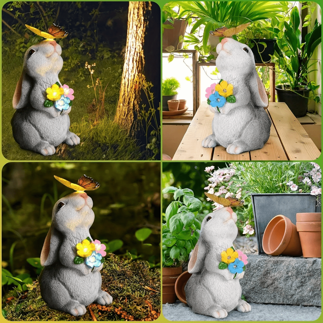 Estatua de Conejo con Ramo Solar - Resina / Luz Cálida / IP65 - Disponible en Dreamy Home!