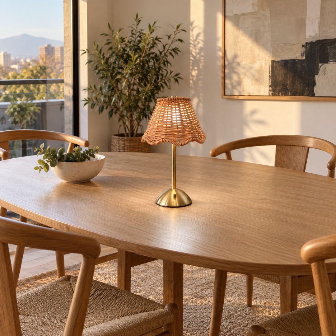 Lámpara de Mesa Inalámbrica Tipo Ratán – Dorada