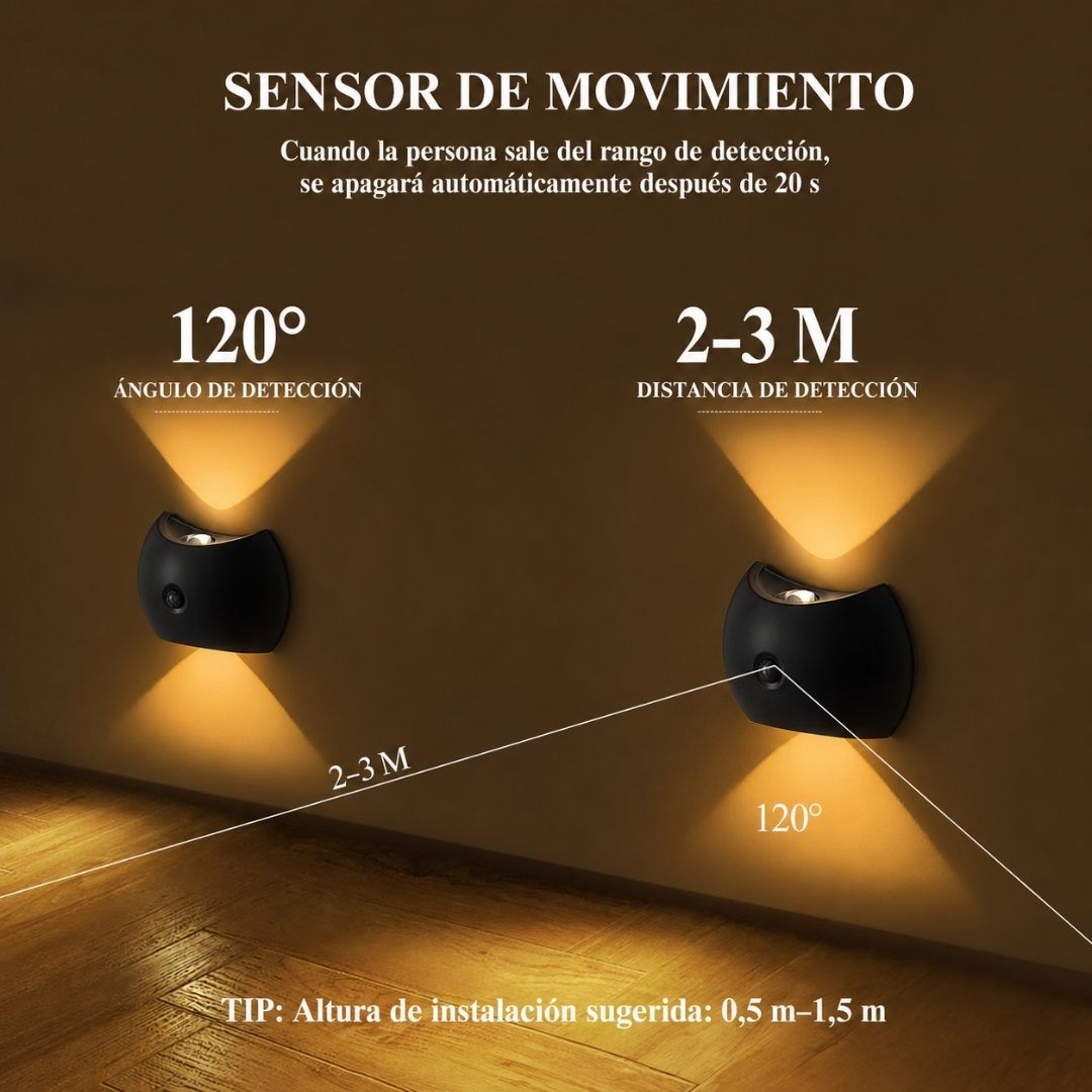 Aplique Mural Recargable Up & Down - Sensor de Movimiento / Luz Cálida