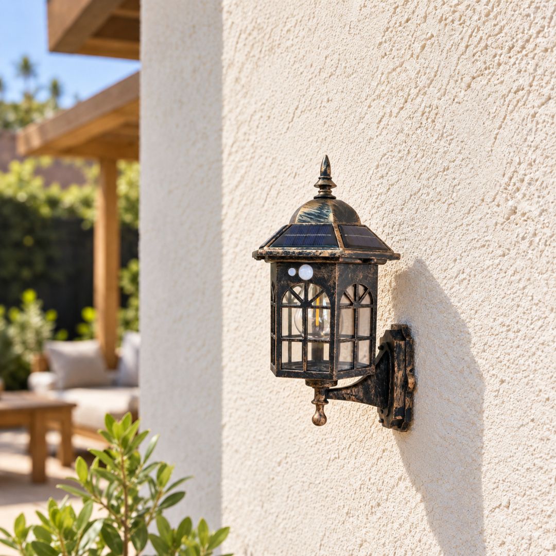 Aplique Solar Tipo Farol con Sensor – Bronce Envejecido / IP65
