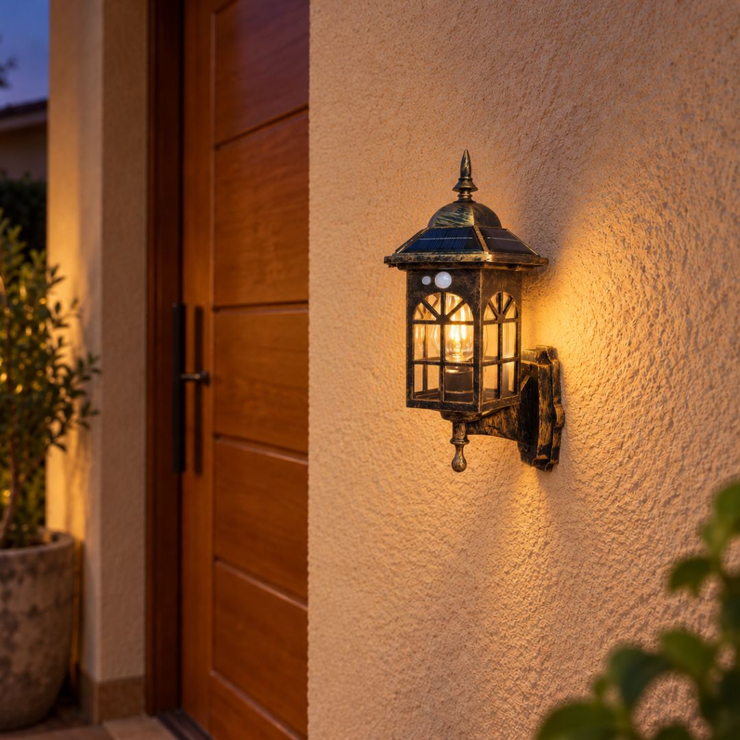 Aplique Solar Tipo Farol con Sensor – Bronce Envejecido / IP65