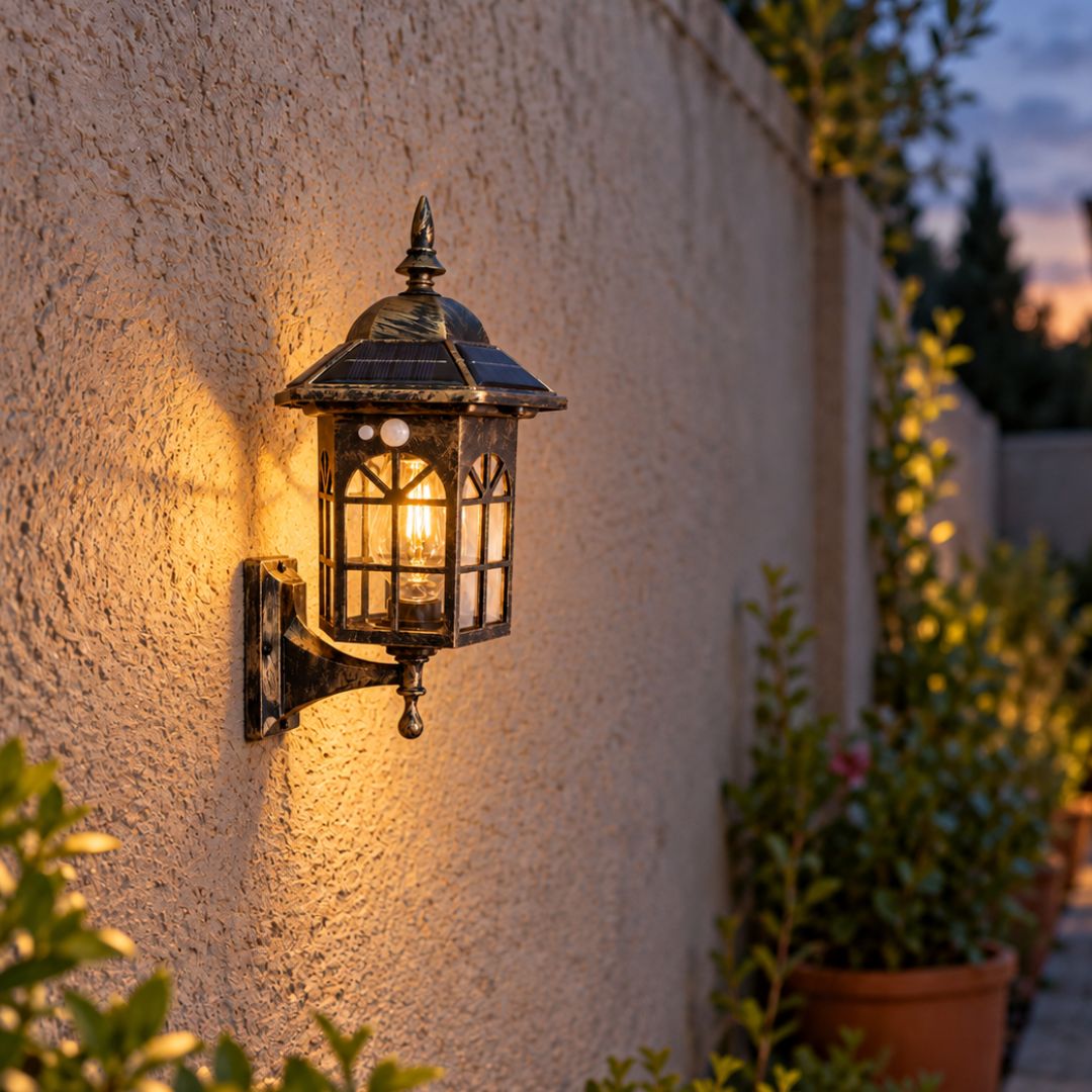 Aplique Solar Tipo Farol con Sensor – Bronce Envejecido / IP65 - Disponible en Dreamy Home!