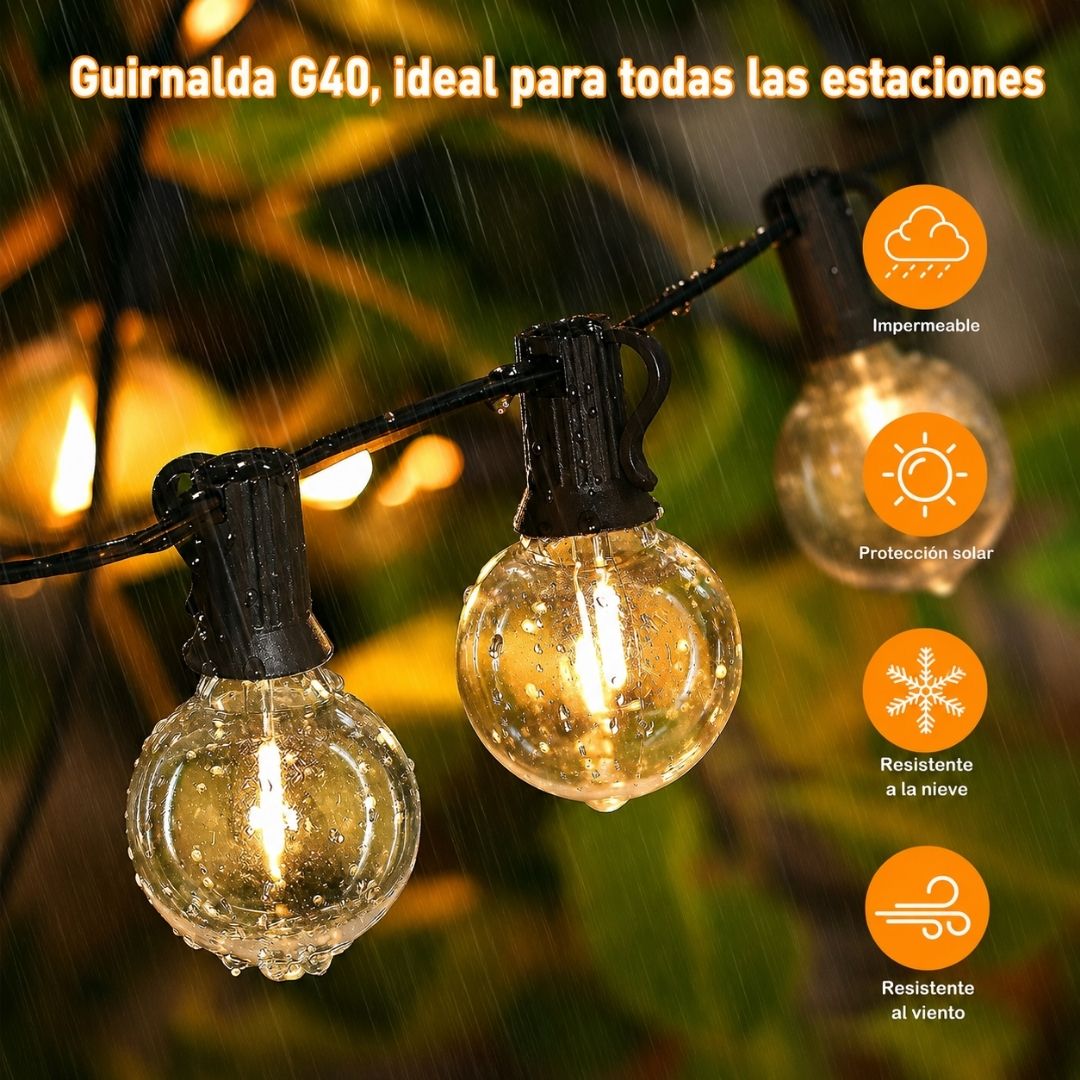 Guirnalda Solar Amp. G40 - 7 m / Amp. Intercambiables / Luz Cálida - Disponible en Dreamy Home!