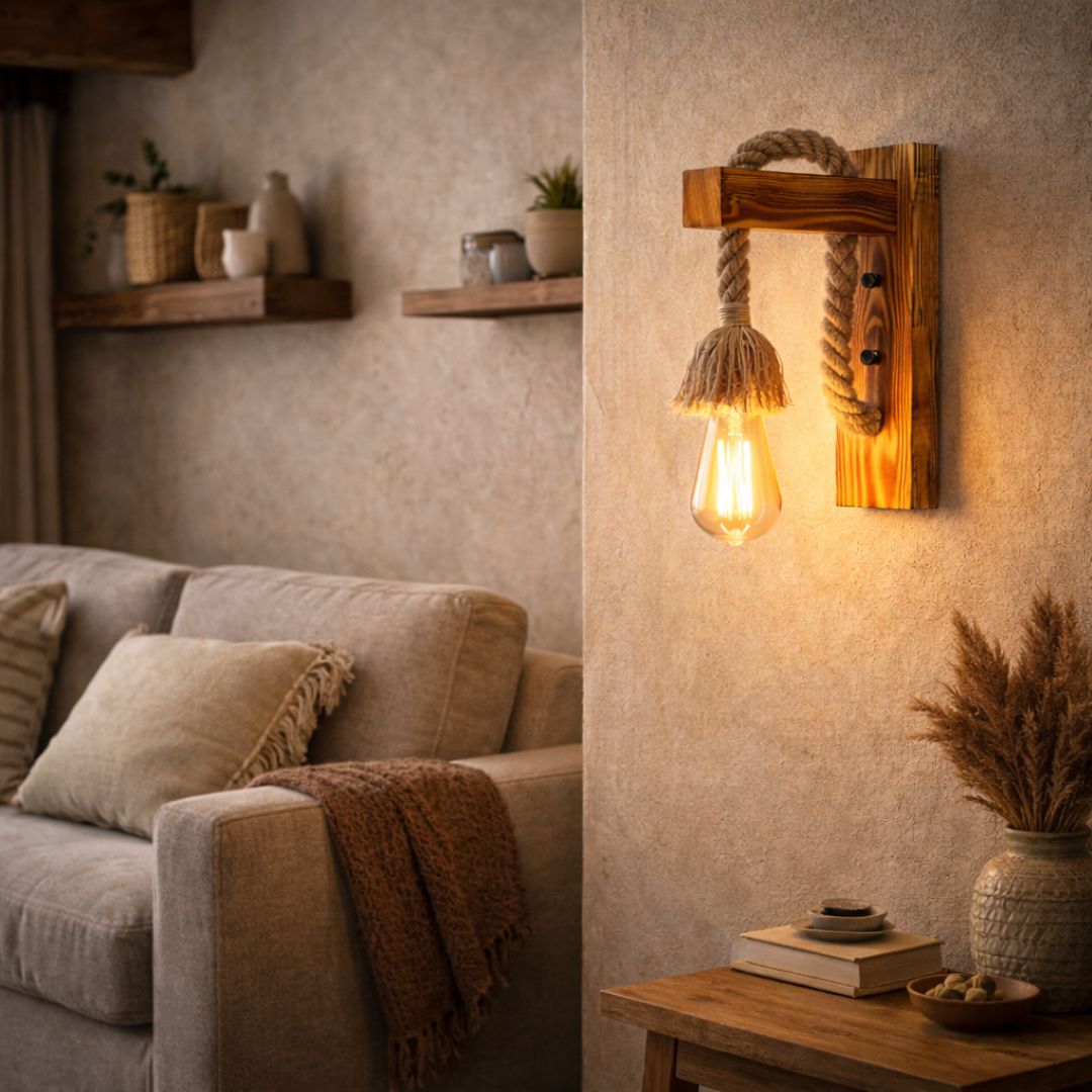 Lámpara Apliqué de Madera de Cuerda - Incluye Ampolleta - Disponible en Dreamy Home!