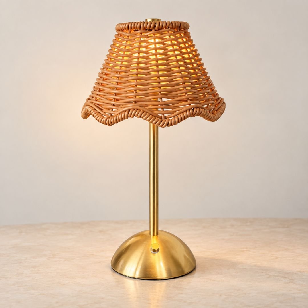 Lámpara de Mesa Inalámbrica Tipo Ratán – Dorada - Disponible en Dreamy Home!