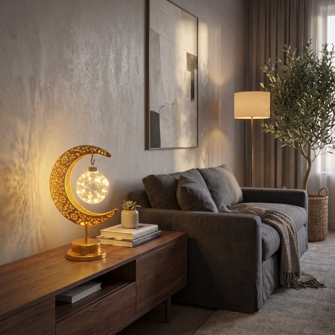 Lámpara Decorativa Luna Dorada - Luz Cálida / 3 Pilas AA / Metal - Disponible en Dreamy Home!