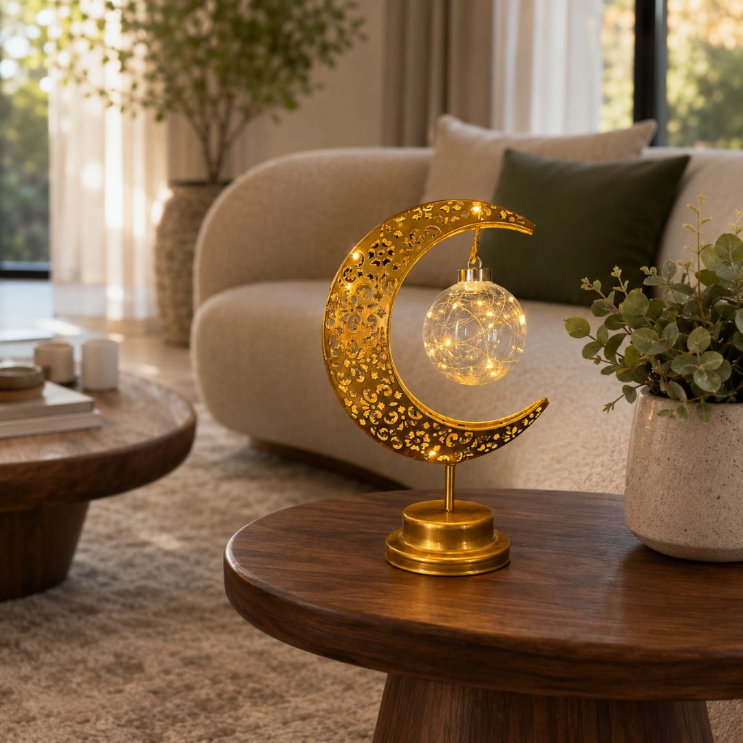 Lámpara Decorativa Luna Dorada - Luz Cálida / 3 Pilas AA / Metal - Disponible en Dreamy Home!