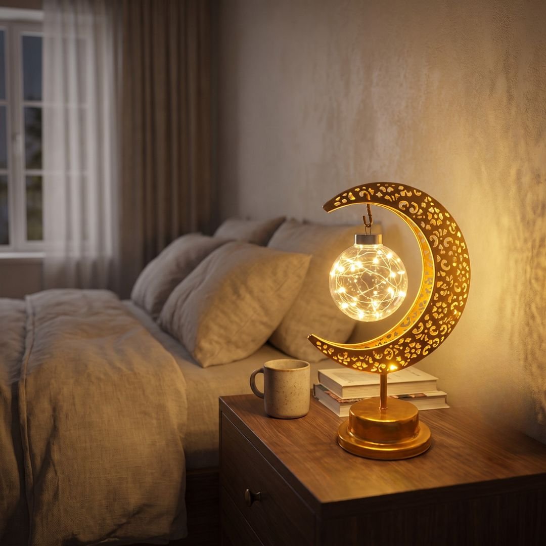 Lámpara Decorativa Luna Dorada - Luz Cálida / 3 Pilas AA / Metal - Disponible en Dreamy Home!