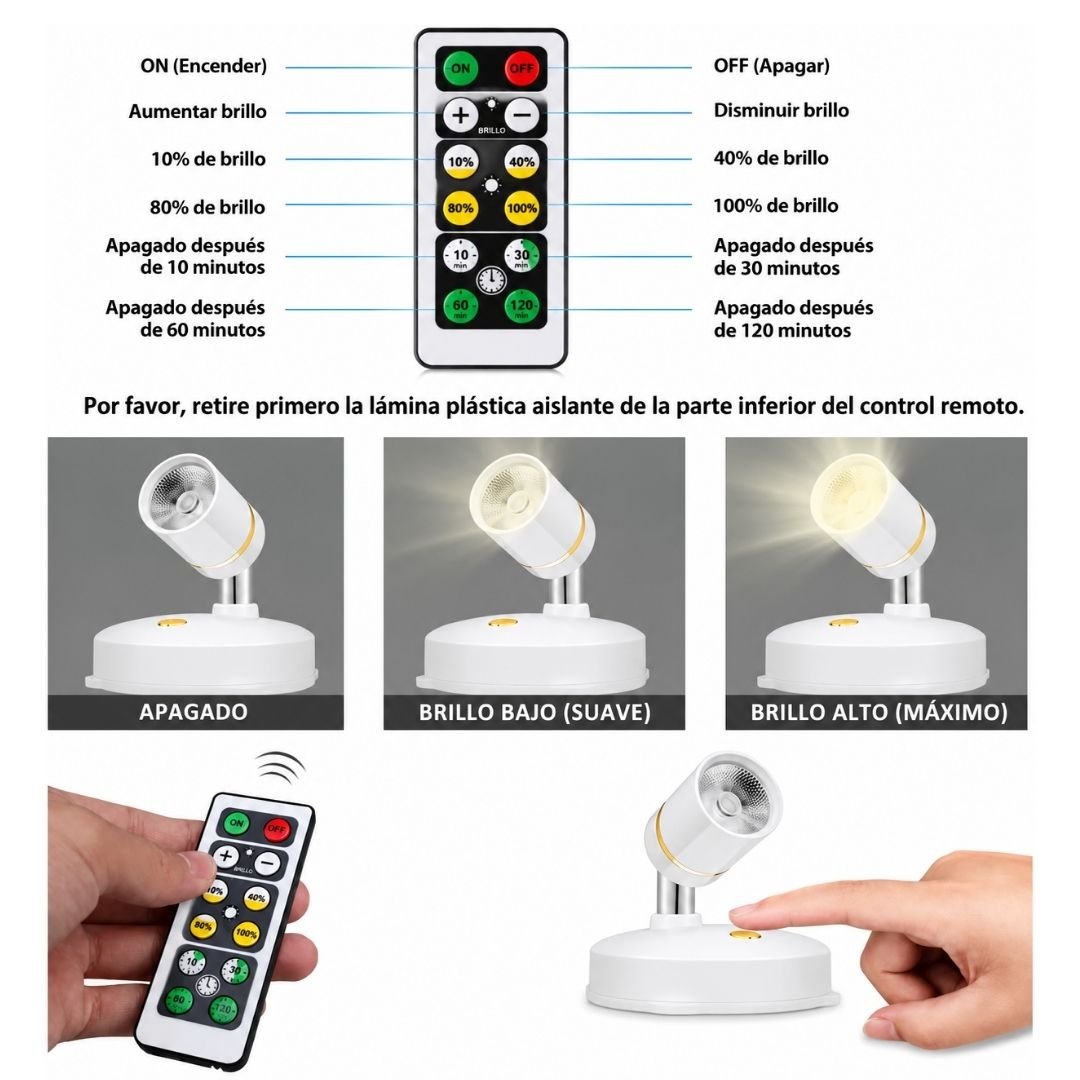Pack 2 Focos LED Spot Touch – Pilas AA / Control Remoto / Luz Regulable - Luces nocturnas e iluminación ambiente - Disponible en Dreamy Home!