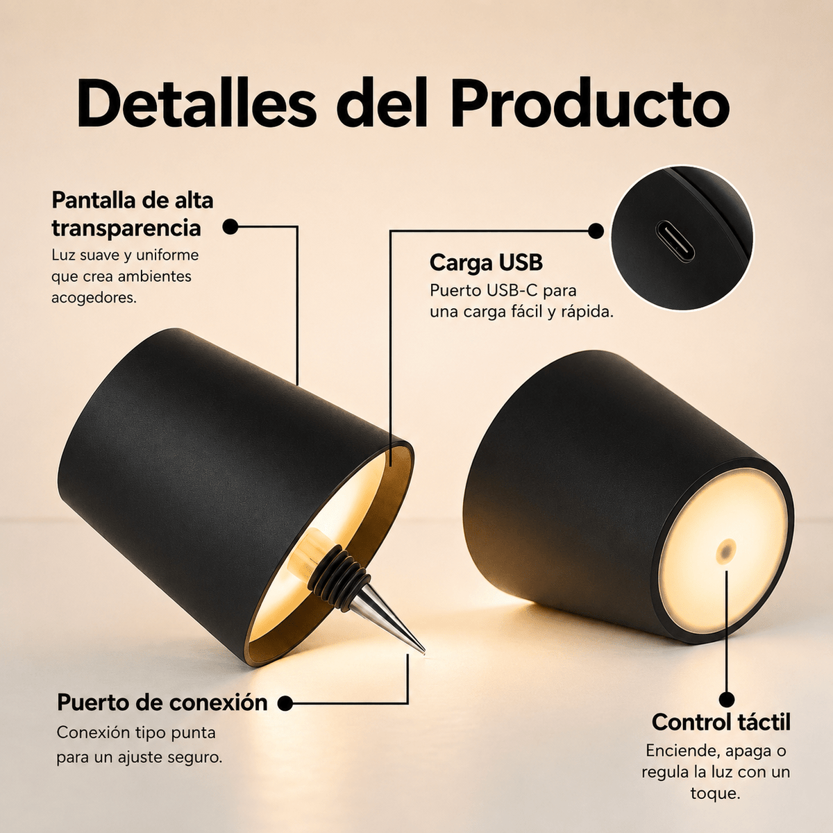 Pack 2 Lámparas Recargables para Botellas - 3 Tonos de Luz / USB C - Iluminación - Disponible en Dreamy Home!