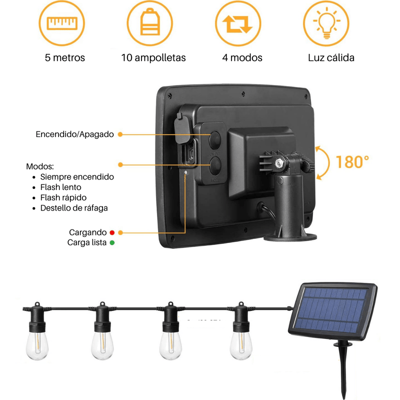 Guirnalda de Ampolletas Solar Pro - 5 Metros 10 Ampolletas Luz Cálida IP65 Panel Híbrido-Dreamy Home